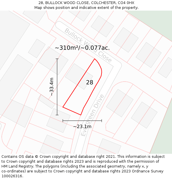 28, BULLOCK WOOD CLOSE, COLCHESTER, CO4 0HX: Plot and title map
