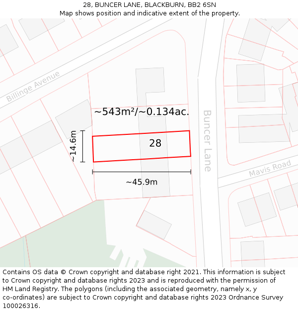 28, BUNCER LANE, BLACKBURN, BB2 6SN: Plot and title map