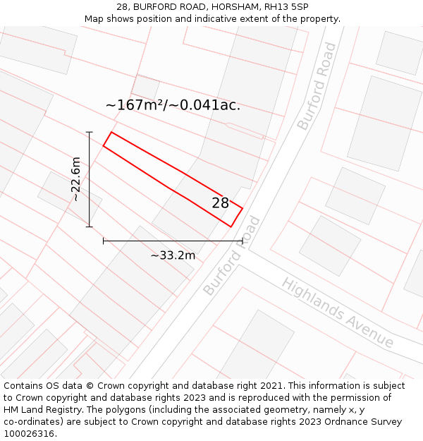 28, BURFORD ROAD, HORSHAM, RH13 5SP: Plot and title map