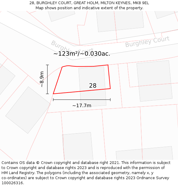 28, BURGHLEY COURT, GREAT HOLM, MILTON KEYNES, MK8 9EL: Plot and title map