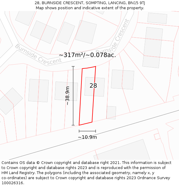 28, BURNSIDE CRESCENT, SOMPTING, LANCING, BN15 9TJ: Plot and title map