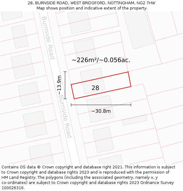 28, BURNSIDE ROAD, WEST BRIDGFORD, NOTTINGHAM, NG2 7HW: Plot and title map