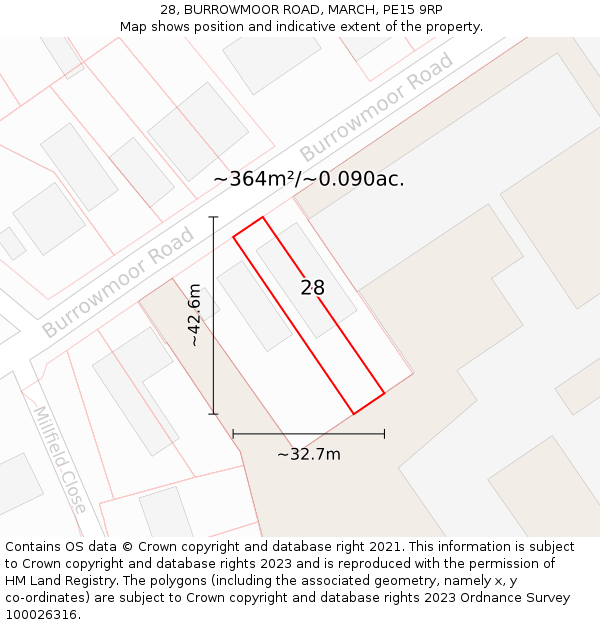 28, BURROWMOOR ROAD, MARCH, PE15 9RP: Plot and title map