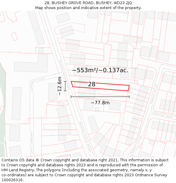 28, BUSHEY GROVE ROAD, BUSHEY, WD23 2JQ: Plot and title map