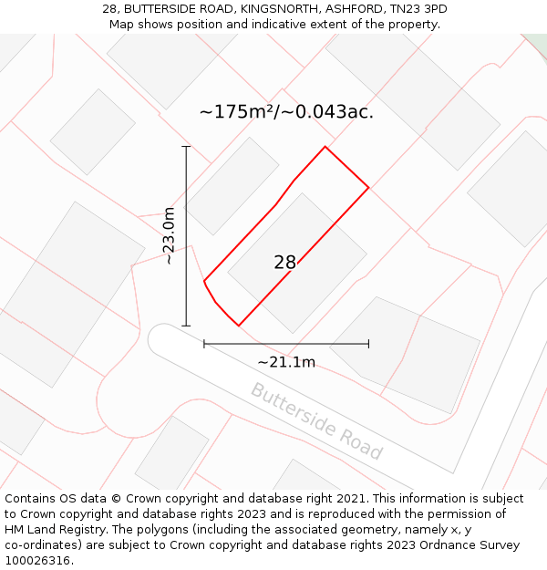 28, BUTTERSIDE ROAD, KINGSNORTH, ASHFORD, TN23 3PD: Plot and title map