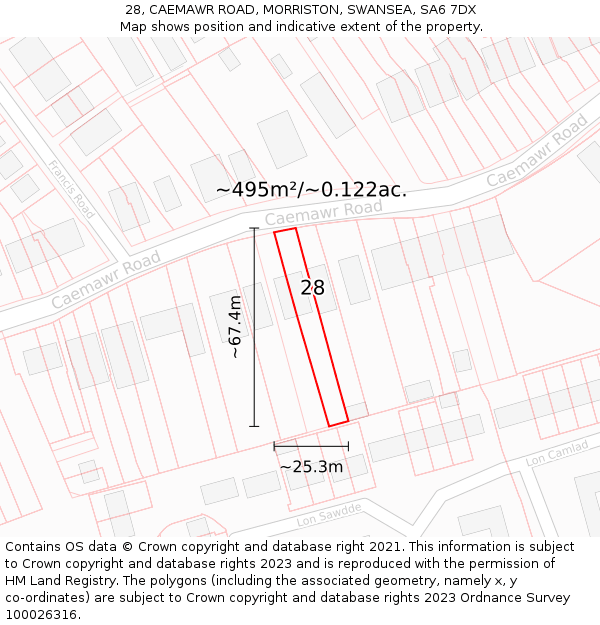 28, CAEMAWR ROAD, MORRISTON, SWANSEA, SA6 7DX: Plot and title map