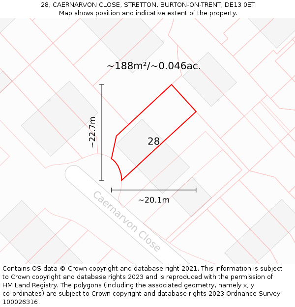 28, CAERNARVON CLOSE, STRETTON, BURTON-ON-TRENT, DE13 0ET: Plot and title map