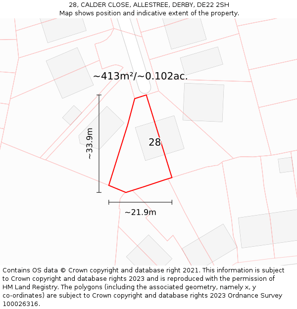 28, CALDER CLOSE, ALLESTREE, DERBY, DE22 2SH: Plot and title map