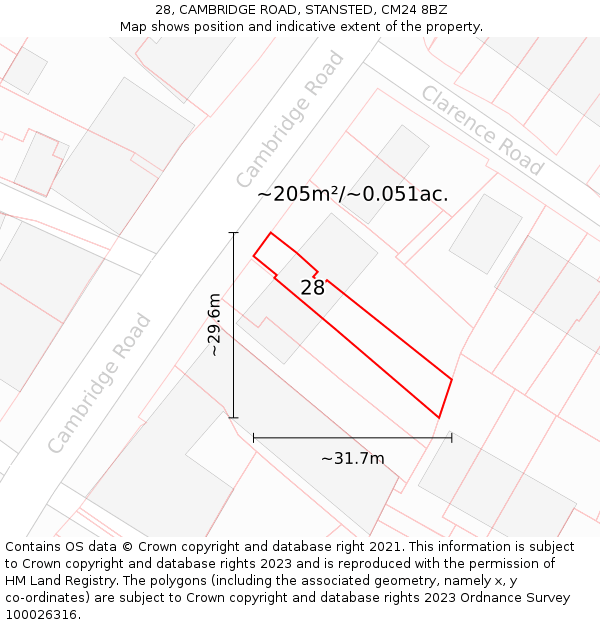 28, CAMBRIDGE ROAD, STANSTED, CM24 8BZ: Plot and title map