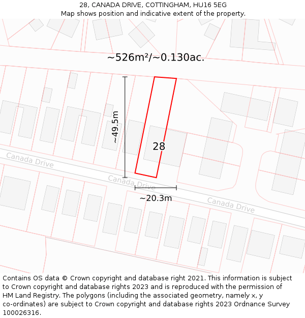 28, CANADA DRIVE, COTTINGHAM, HU16 5EG: Plot and title map