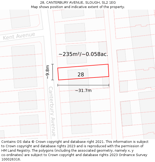 28, CANTERBURY AVENUE, SLOUGH, SL2 1EG: Plot and title map