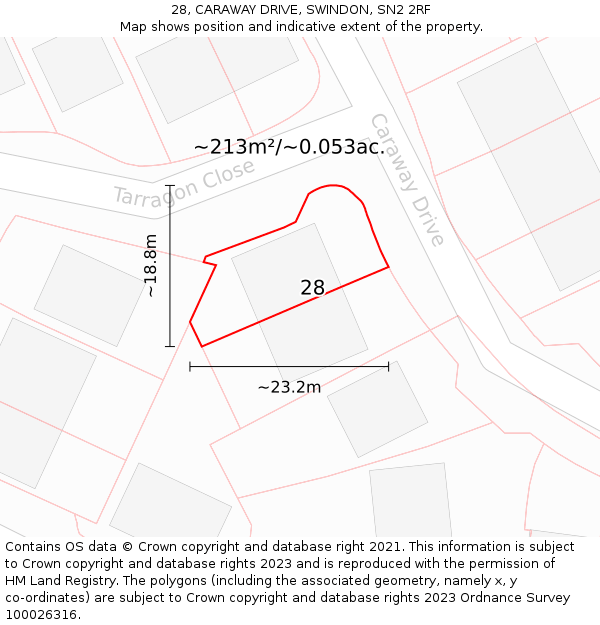 28, CARAWAY DRIVE, SWINDON, SN2 2RF: Plot and title map