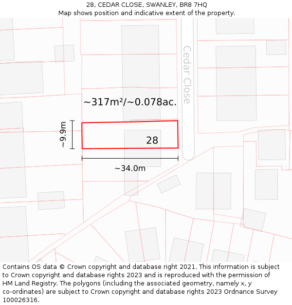 28, CEDAR CLOSE, SWANLEY, BR8 7HQ: Plot and title map
