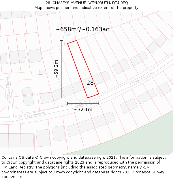28, CHAFEYS AVENUE, WEYMOUTH, DT4 0EQ: Plot and title map