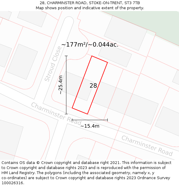 28, CHARMINSTER ROAD, STOKE-ON-TRENT, ST3 7TB: Plot and title map