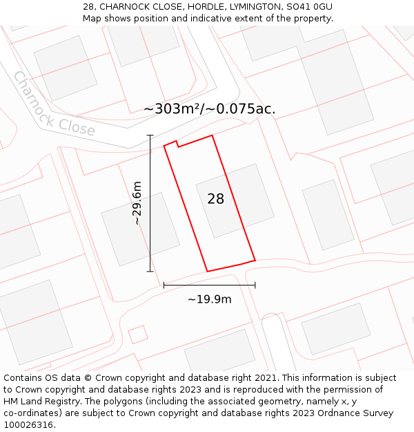 28, CHARNOCK CLOSE, HORDLE, LYMINGTON, SO41 0GU: Plot and title map