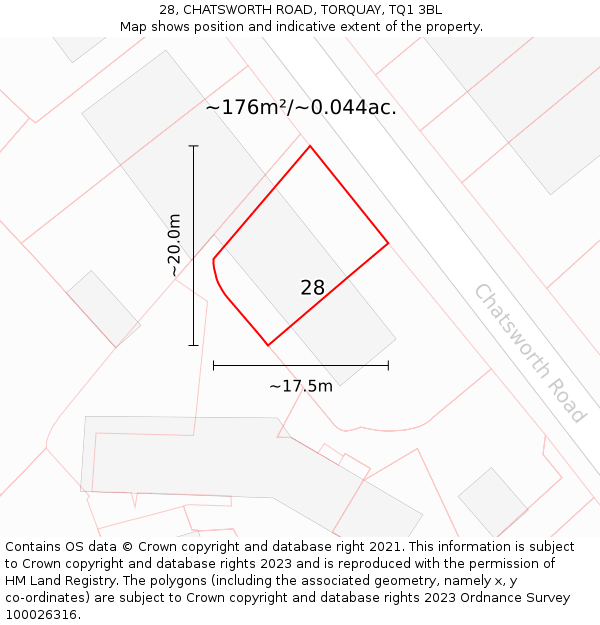 28, CHATSWORTH ROAD, TORQUAY, TQ1 3BL: Plot and title map