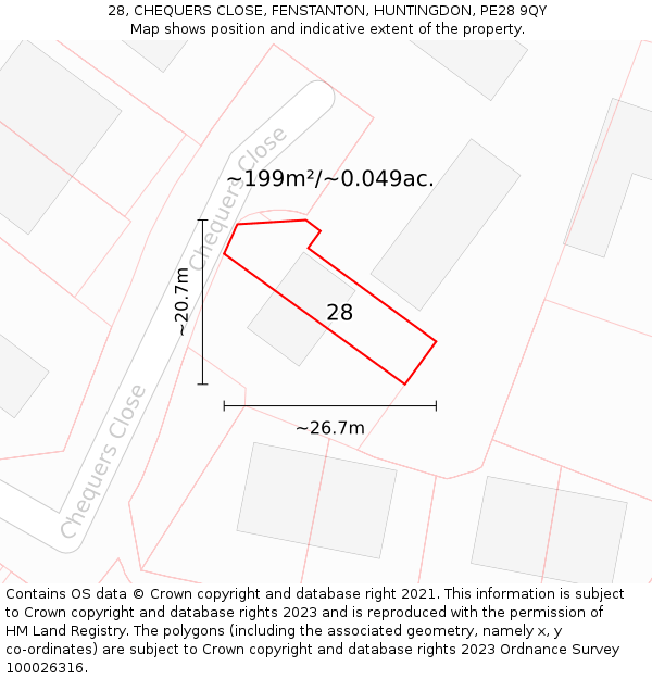 28, CHEQUERS CLOSE, FENSTANTON, HUNTINGDON, PE28 9QY: Plot and title map