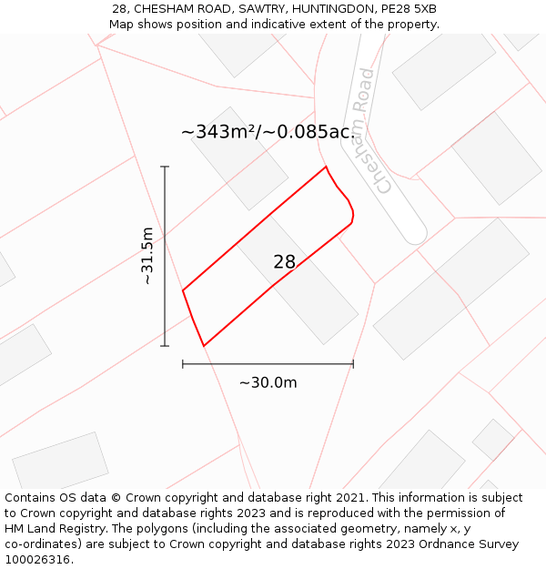 28, CHESHAM ROAD, SAWTRY, HUNTINGDON, PE28 5XB: Plot and title map