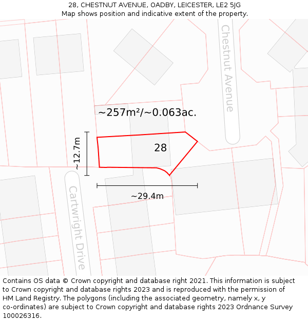 28, CHESTNUT AVENUE, OADBY, LEICESTER, LE2 5JG: Plot and title map