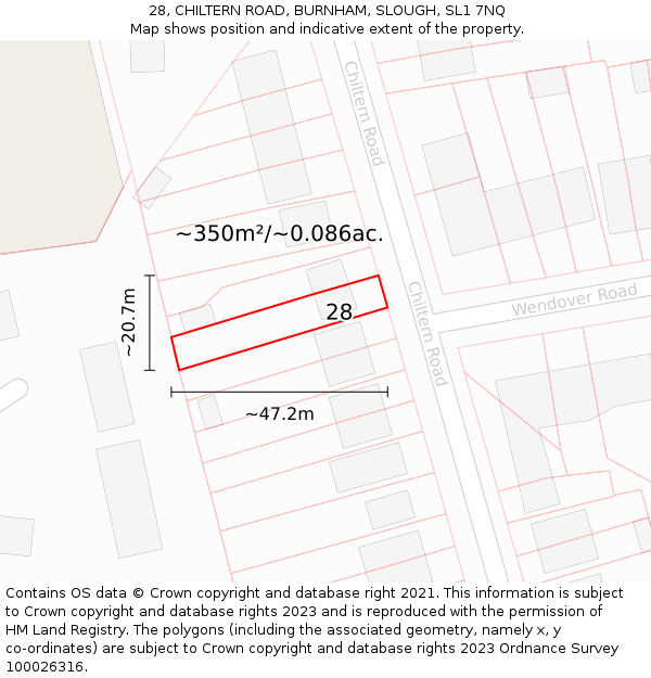 28, CHILTERN ROAD, BURNHAM, SLOUGH, SL1 7NQ: Plot and title map