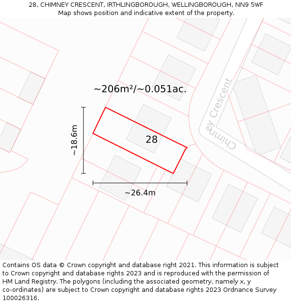 28, CHIMNEY CRESCENT, IRTHLINGBOROUGH, WELLINGBOROUGH, NN9 5WF: Plot and title map