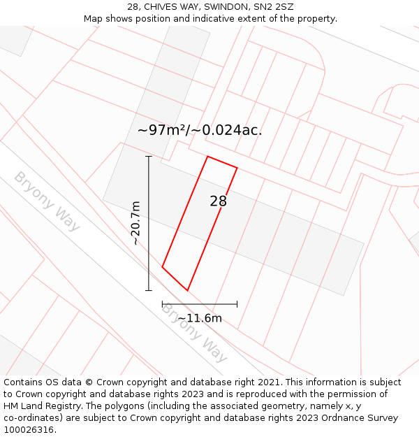 28, CHIVES WAY, SWINDON, SN2 2SZ: Plot and title map