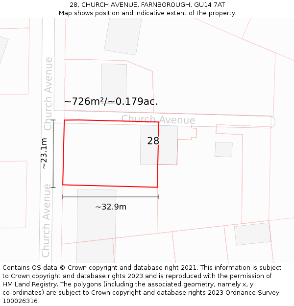 28, CHURCH AVENUE, FARNBOROUGH, GU14 7AT: Plot and title map