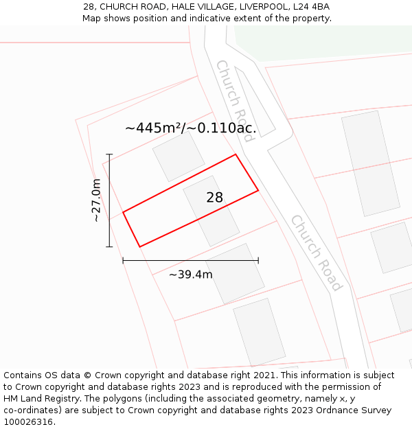 28, CHURCH ROAD, HALE VILLAGE, LIVERPOOL, L24 4BA: Plot and title map