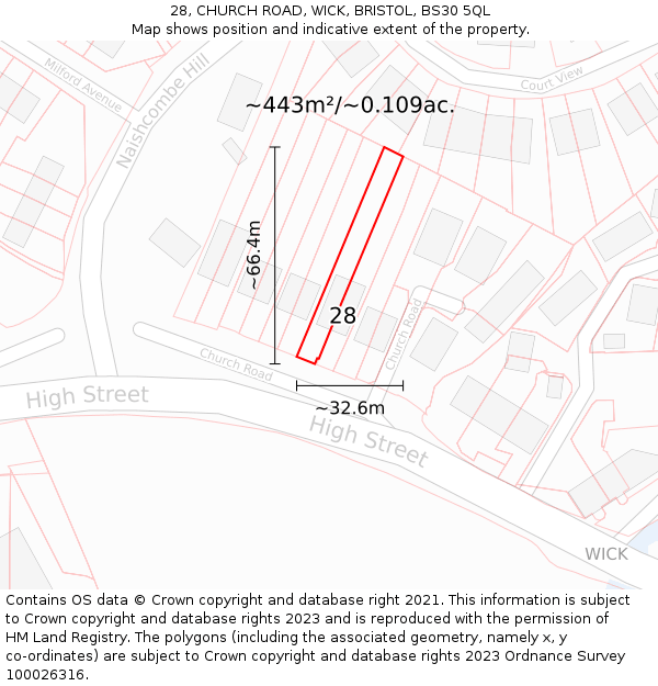 28, CHURCH ROAD, WICK, BRISTOL, BS30 5QL: Plot and title map