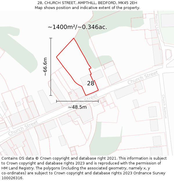 28, CHURCH STREET, AMPTHILL, BEDFORD, MK45 2EH: Plot and title map