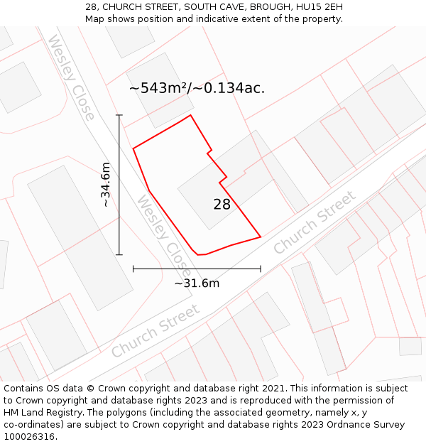 28, CHURCH STREET, SOUTH CAVE, BROUGH, HU15 2EH: Plot and title map