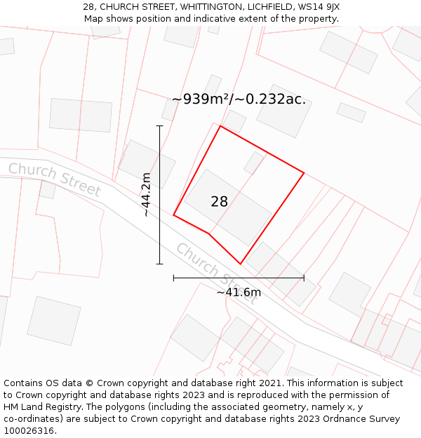 28, CHURCH STREET, WHITTINGTON, LICHFIELD, WS14 9JX: Plot and title map