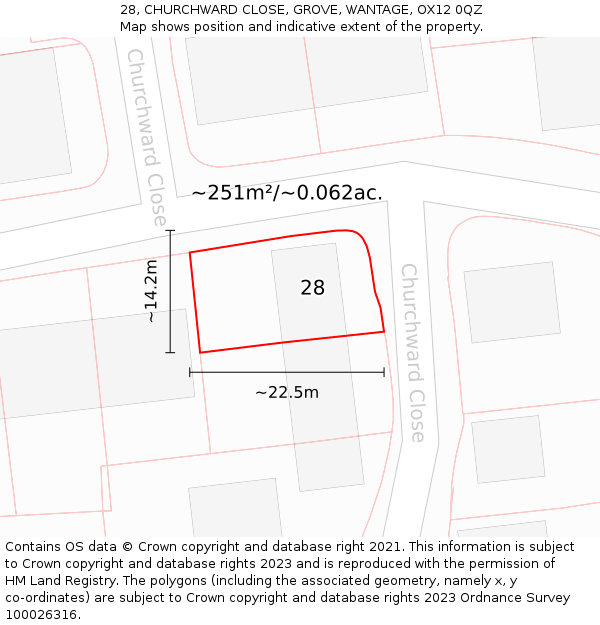 28, CHURCHWARD CLOSE, GROVE, WANTAGE, OX12 0QZ: Plot and title map