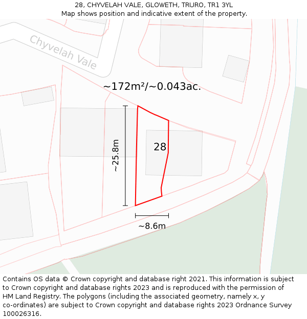 28, CHYVELAH VALE, GLOWETH, TRURO, TR1 3YL: Plot and title map