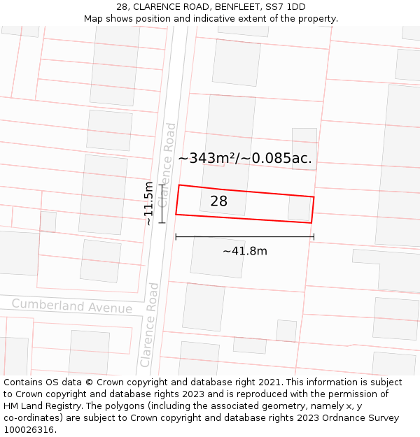28, CLARENCE ROAD, BENFLEET, SS7 1DD: Plot and title map