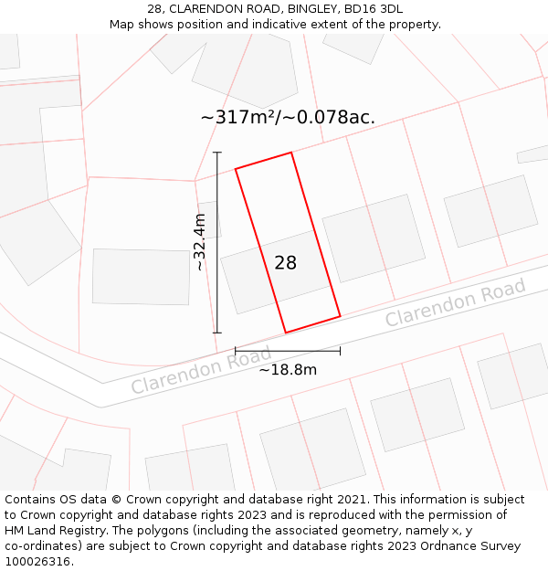 28, CLARENDON ROAD, BINGLEY, BD16 3DL: Plot and title map