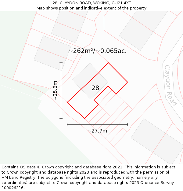 28, CLAYDON ROAD, WOKING, GU21 4XE: Plot and title map