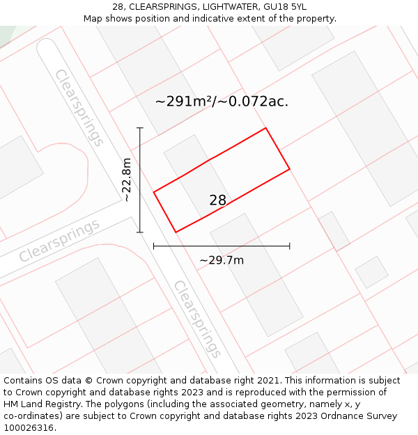 28, CLEARSPRINGS, LIGHTWATER, GU18 5YL: Plot and title map