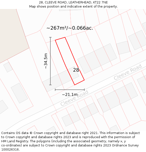 28, CLEEVE ROAD, LEATHERHEAD, KT22 7NE: Plot and title map