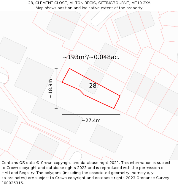 28, CLEMENT CLOSE, MILTON REGIS, SITTINGBOURNE, ME10 2XA: Plot and title map