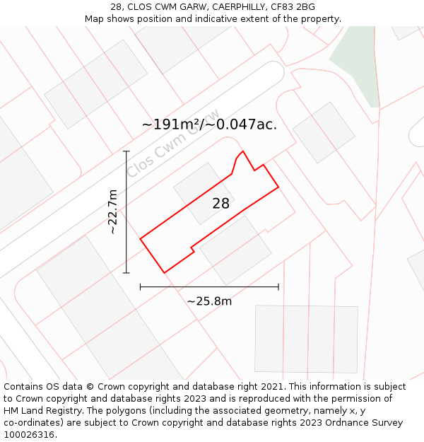 28, CLOS CWM GARW, CAERPHILLY, CF83 2BG: Plot and title map