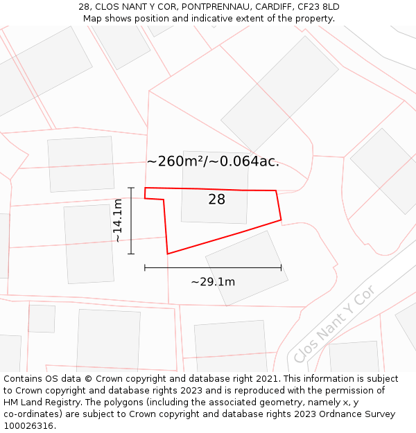 28, CLOS NANT Y COR, PONTPRENNAU, CARDIFF, CF23 8LD: Plot and title map