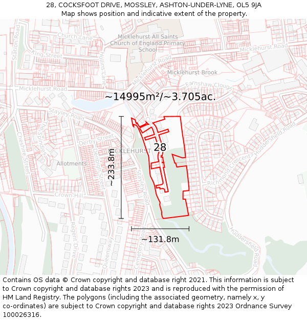 28, COCKSFOOT DRIVE, MOSSLEY, ASHTON-UNDER-LYNE, OL5 9JA: Plot and title map