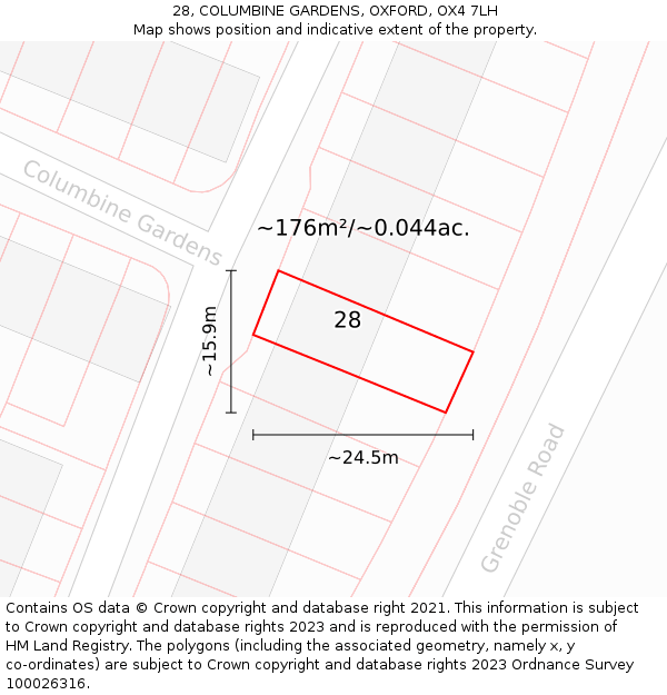 28, COLUMBINE GARDENS, OXFORD, OX4 7LH: Plot and title map