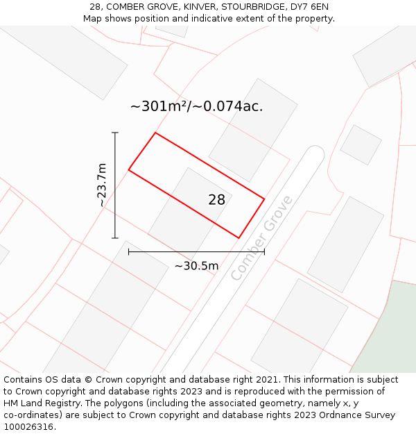 28, COMBER GROVE, KINVER, STOURBRIDGE, DY7 6EN: Plot and title map