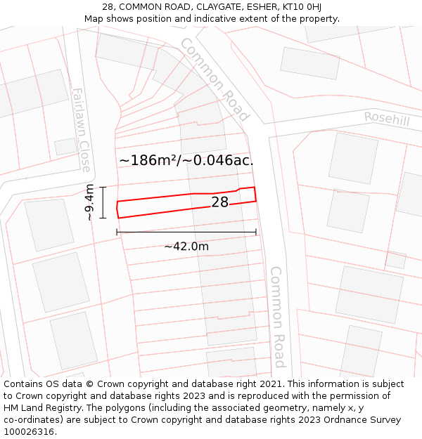 28, COMMON ROAD, CLAYGATE, ESHER, KT10 0HJ: Plot and title map