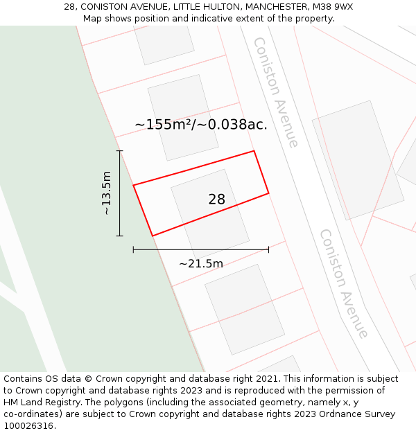 28, CONISTON AVENUE, LITTLE HULTON, MANCHESTER, M38 9WX: Plot and title map