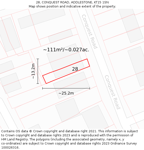 28, CONQUEST ROAD, ADDLESTONE, KT15 1SN: Plot and title map