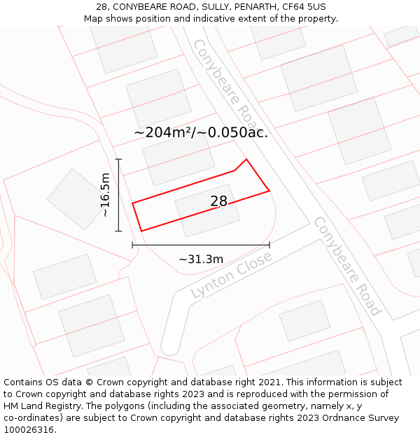 28, CONYBEARE ROAD, SULLY, PENARTH, CF64 5US: Plot and title map